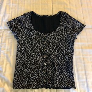 Brandy Melville Navy Blue Eyelet Top With White Flowers (XS/S)